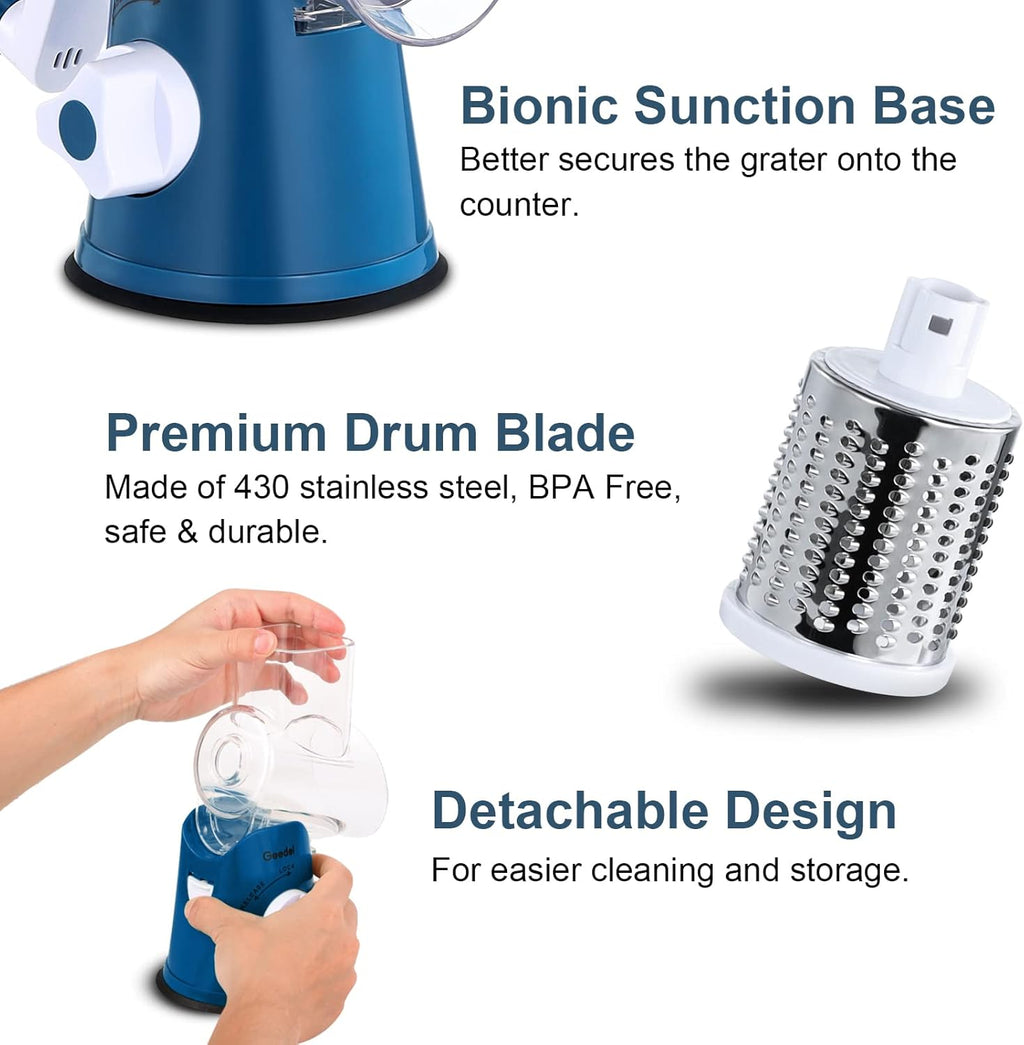 Geedel Rotary Cheese Grater, Kitchen Mandoline Vegetable Slicer with 3 Interchangeable Blades, Easy to Clean Rotary Grater Slicer for Fruit, Vegetables, Nuts