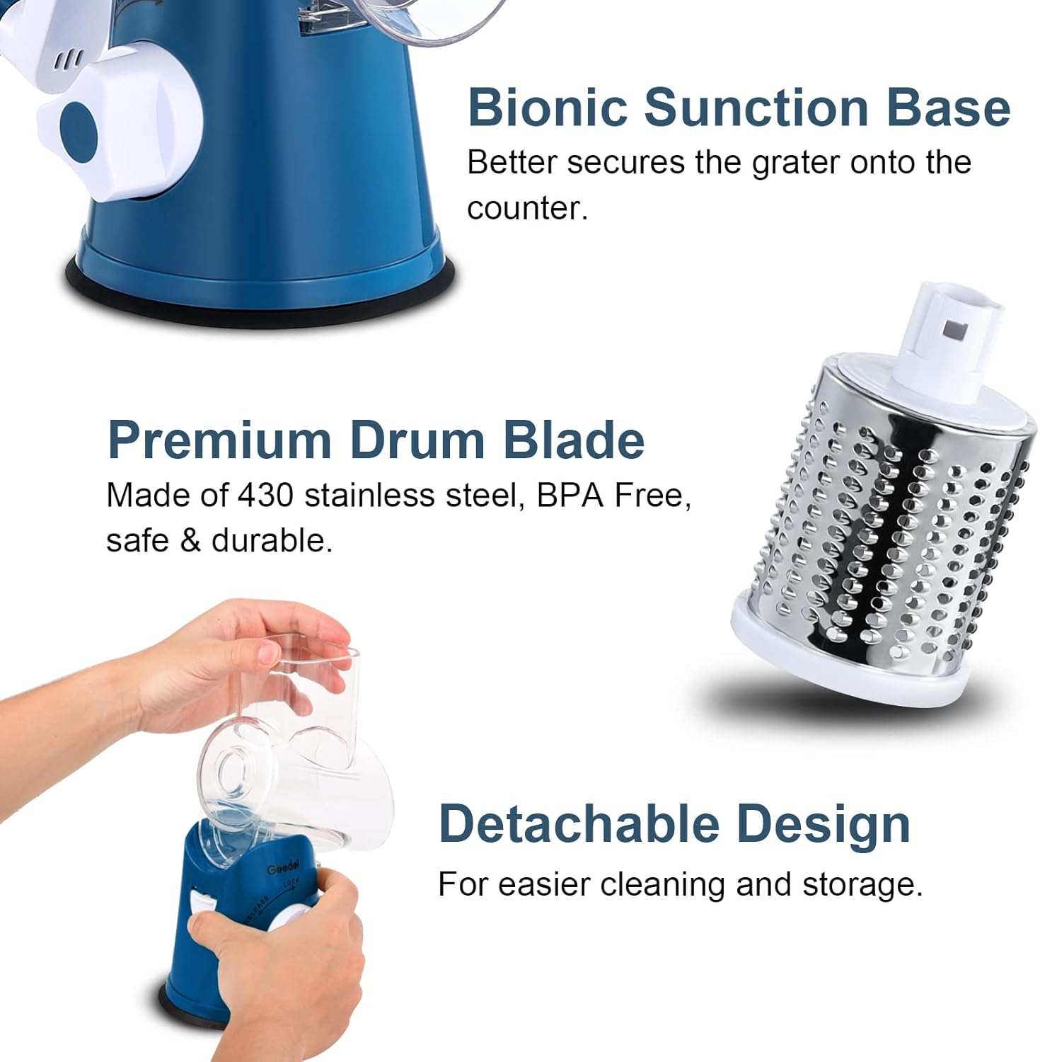 Geedel Rotary Cheese Grater, Kitchen Mandoline Vegetable Slicer with 3 Interchangeable Blades, Easy to Clean Rotary Grater Slicer for Fruit, Vegetables, Nuts