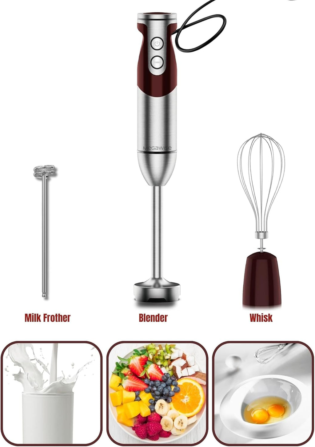 3- in-1 Immersion Hand blender, Powerful MOTOR & Stainless Steel Stick Blender, 4 Sharpe Blades with Whisk, Milk Frother Attachments