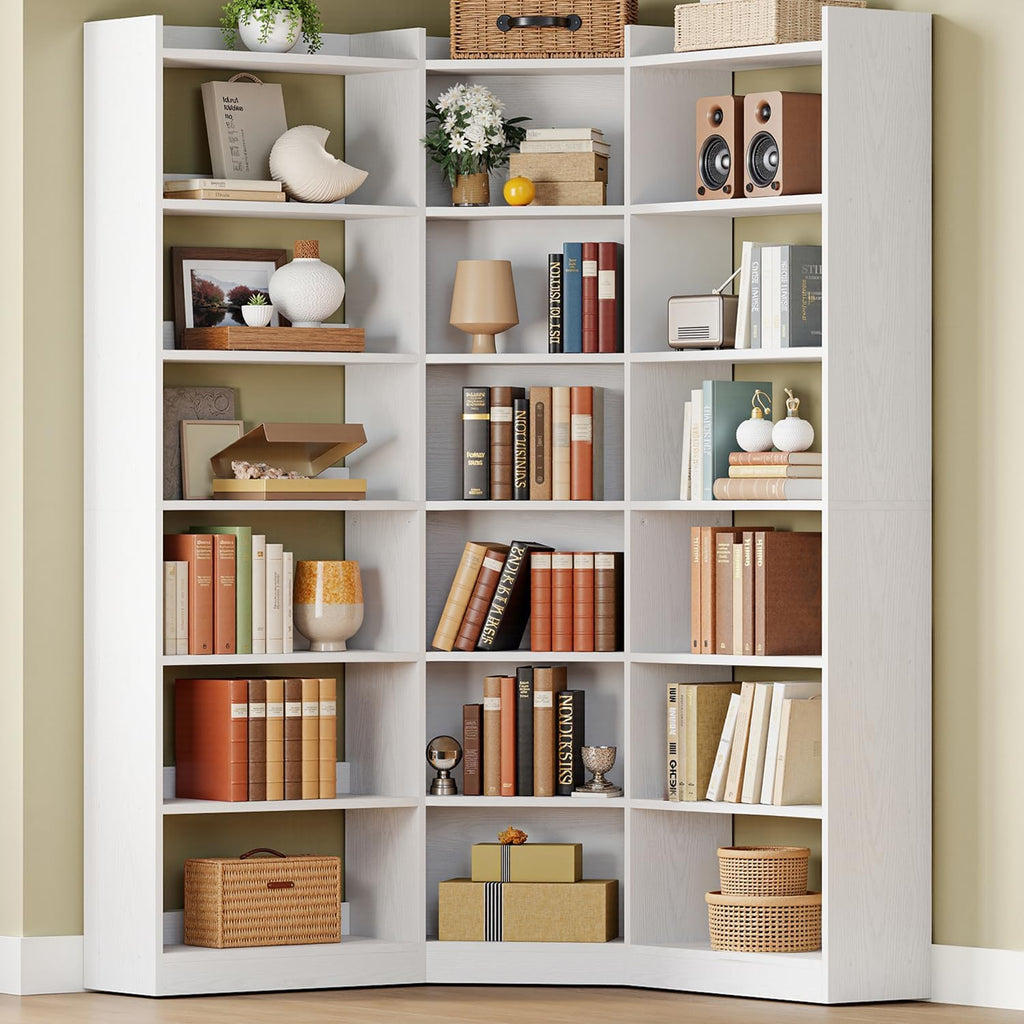 IRONCK Corner Bookshelf, 7-Tier Bookshelf with Storage, Corner Bookcases with Baffles Etagere Shelf for Living Room Home Office Bedroom, White