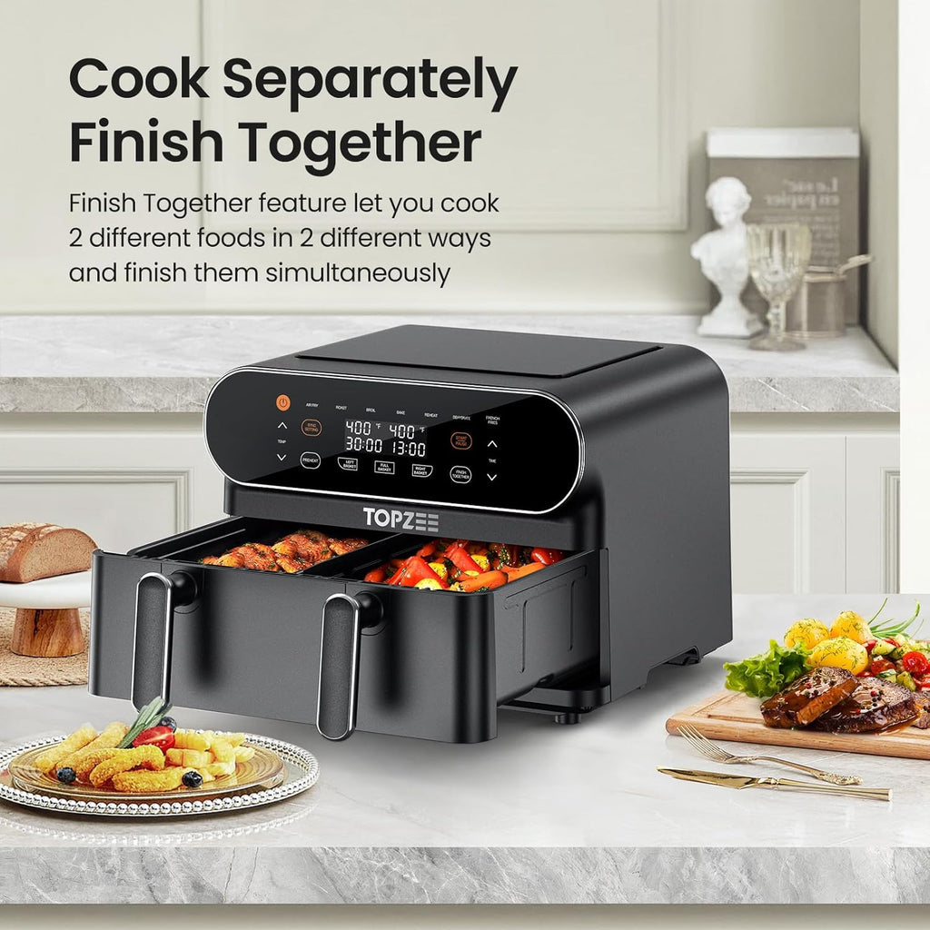 11-QT Large Air Fryer - 8 in 1 XL Airfryer with Flex Basket, Divider for Dual Cooking, Preheat, Air Fry, Roast, Broil, Bake, Reheat, Dehydrate, French Fries, Dishwasher Safe, Black