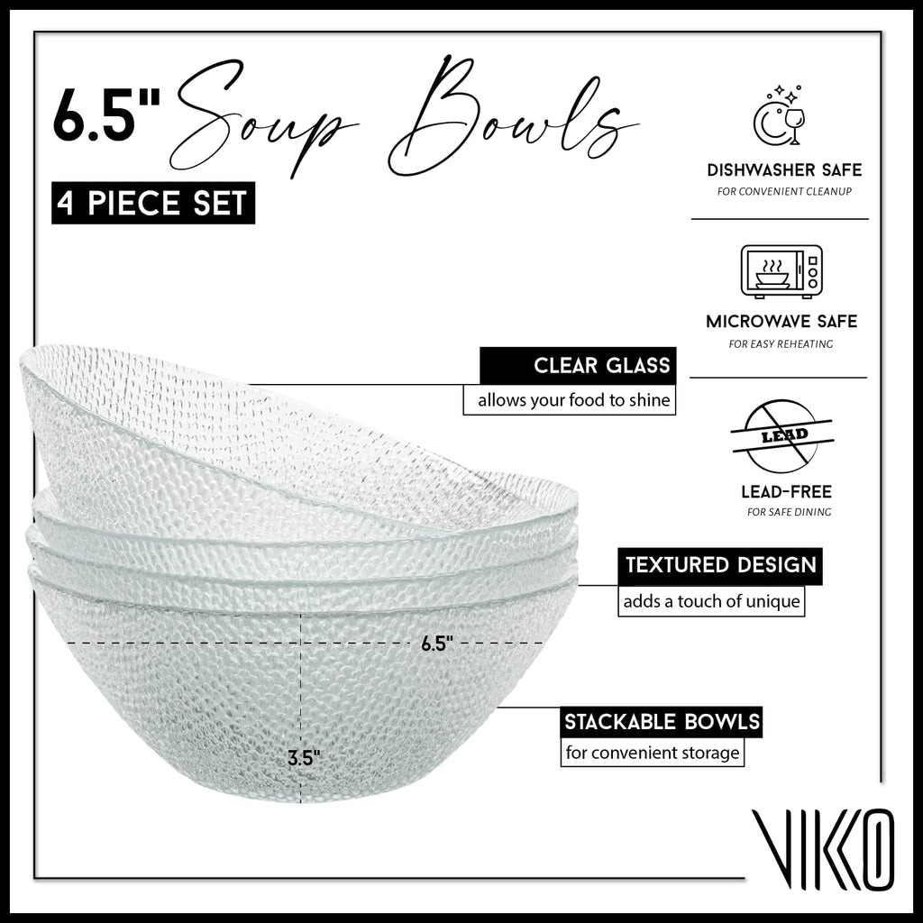 Vikko Elegant Textured Glass Salad Bowls, Set of 4, 6.5 Inch, Stackable, Dishwasher Safe