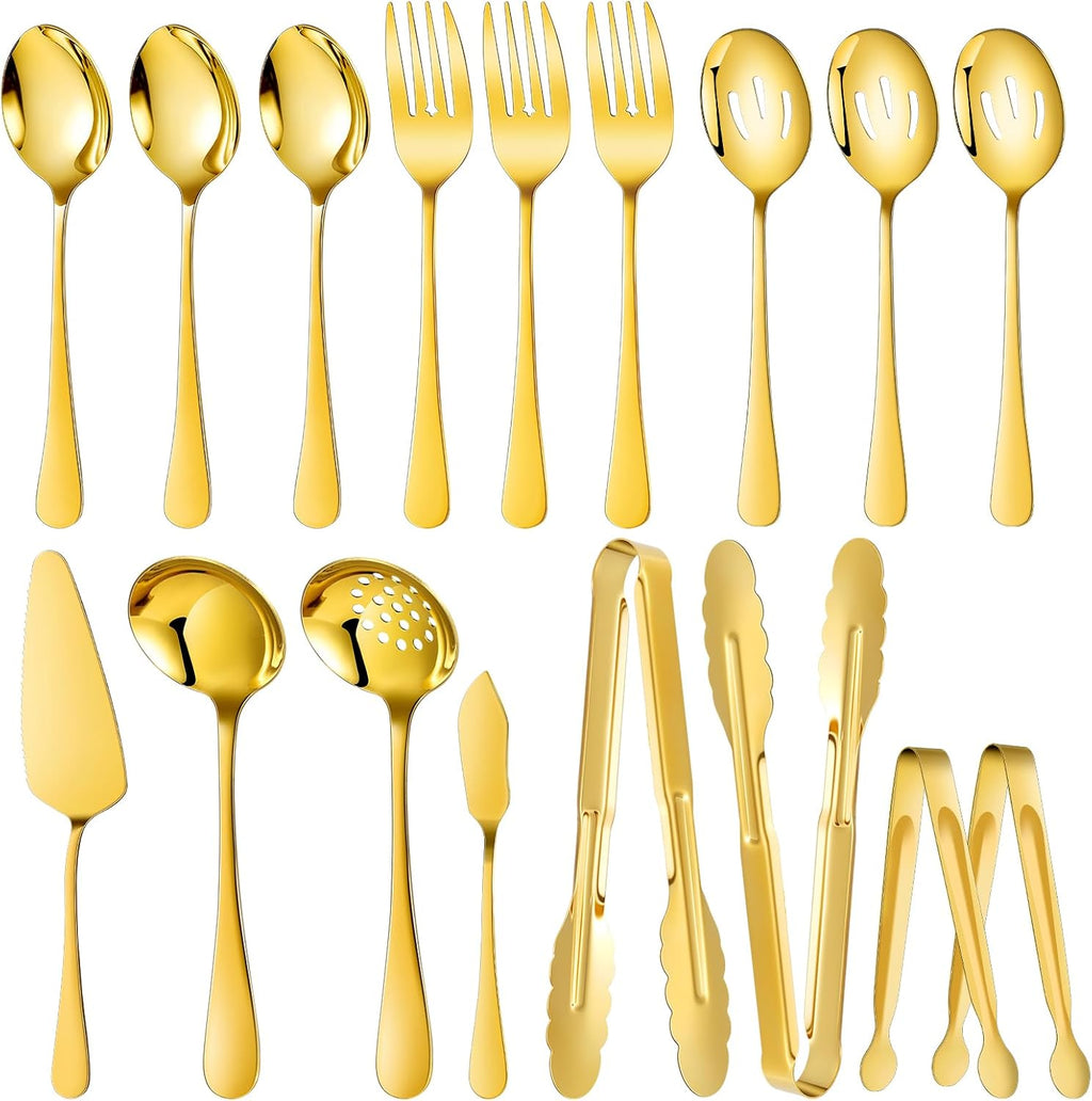 Gold 17 Pieces Serving Utensils Include Large Serving Spoons,Slotted Serving Spoons,Serving Forks,Serving Tongs,Appetizers Tongs,Soup Ladle and Pie Cake Server for Buffet Catering (Gold, 17 Pcs)