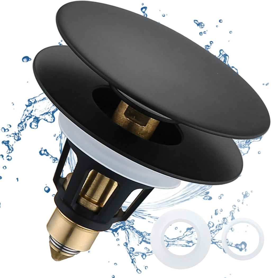 Universal Bathroom Sink Drain Stopper - 1.1~1.5" Pop Up Drain Stopper, Anti-Clogging Bounce Basin Filter with Hair Catcher, Stainless Steel Sink Drain Strainer (Matte Black)