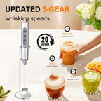YUSWKO Silver Rechargeable Milk Frother for Coffee with Stand, Handheld Drink Mixer with 3 Heads 3 Speeds Electric Stirrers for Latte, Cappuccino, Hot Chocolate, Egg