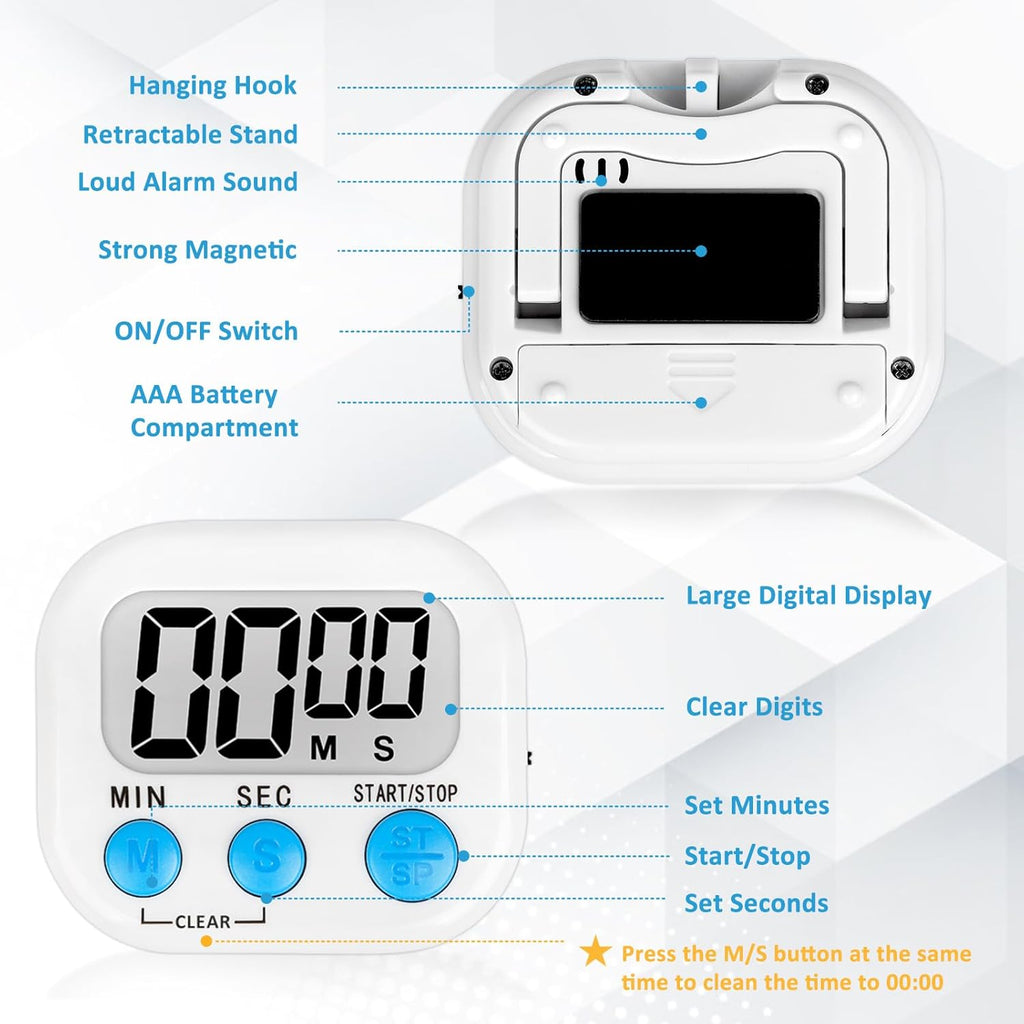 ZILLEEN 6 Pack Kitchen Timers for Cooking Digital Classroom Timers for Kids Teachers White Blue Pink