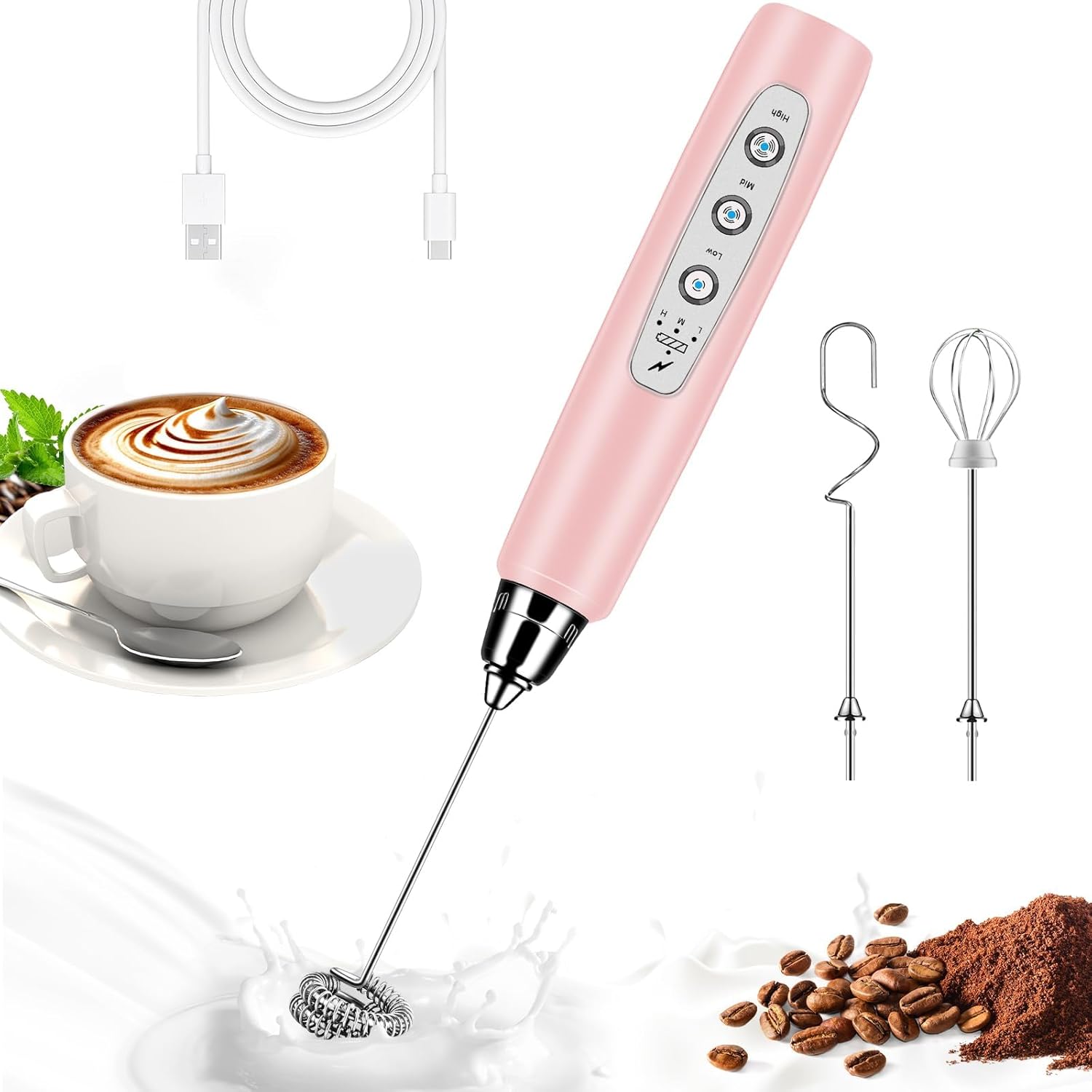Milk Frother Handheld for Coffee, Electric Whisk 3 Speed Adjustable, Drink Mixer with Stainless 3 Whisks, Rechargeable Hand Frother Wand, Foam Maker for Latte Cappuccino Hot Chocolate Egg Pink