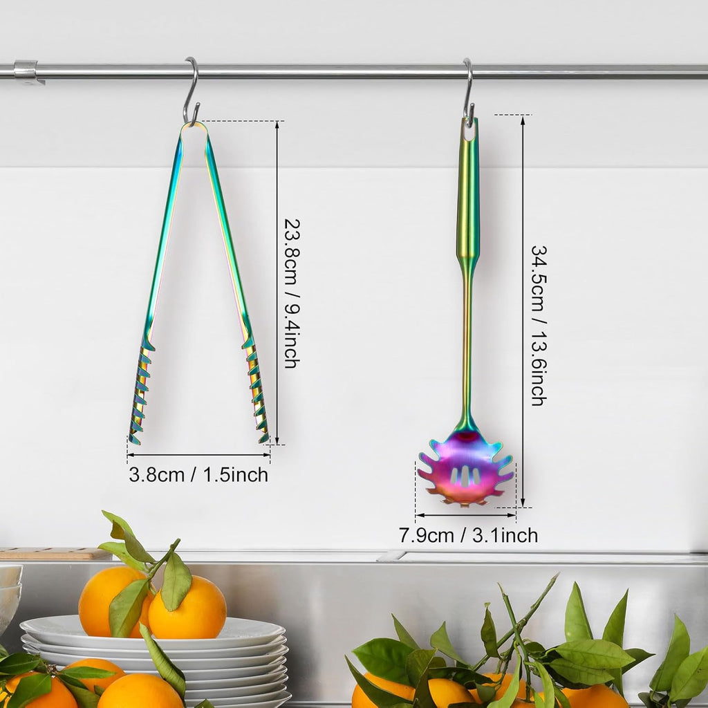 Patelai 2 Pcs Stainless Steel Pasta Spoon with Teeth Large Spaghetti Utensil, 9.4'' Tong and 13.6'' Pasta Fork with Vacuum Handle, Comfortable Grip Design Spoons for Kitchen(Colorful)
