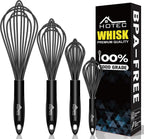 HOTEC 4 Pieces Silicone Whisks Set, Wire Balloon Whisks Egg Beater, Non-slip Handle Whisk for Non-stick Cookware Perfect for Cooking, Stirring, Beating and Blending (Black)