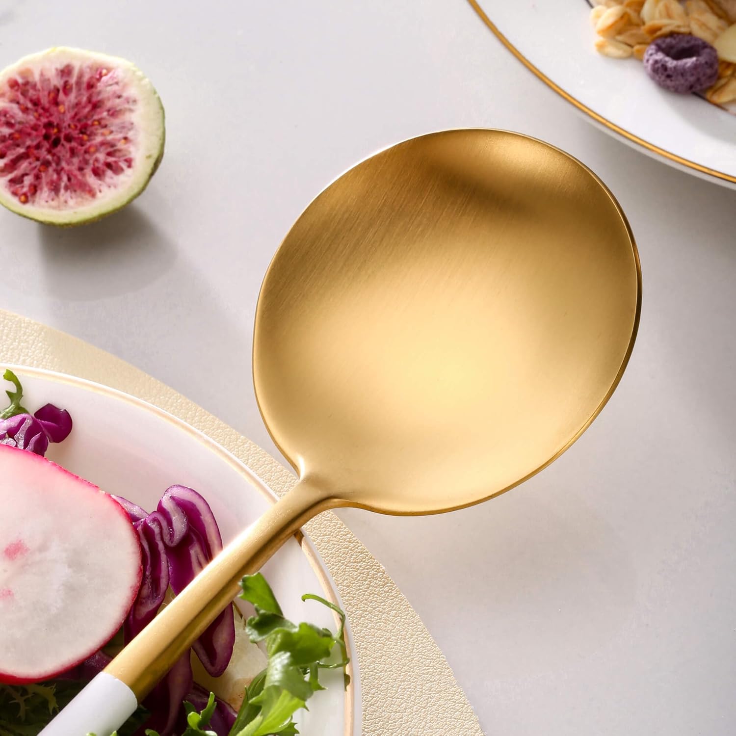 White Gold Salad Serving Utensils,Serving Spoons Stainless Steel,2Pcs Long Handle Salad Servers 11.42 Inch,Salad Utensils for Serving,Matte Finish,Dishwasher Safe