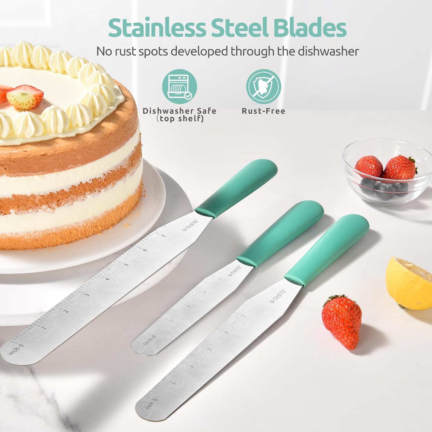 U-Taste Cake Icing Spatulas Set: Straight Decorating Frosting Knife with 6", 8", 10" Thinner Stainless Steel Blade, Flexible Smoothing Spreading Tools with Comfortable PP Handle for Cream (Aqua Sky)