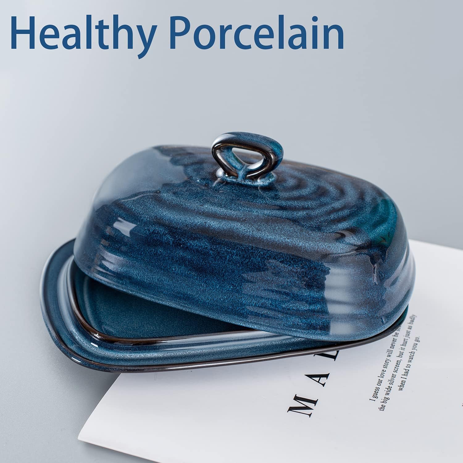 Hasense Porcelain Butter Dish with Lid, Covered Butter Container with Handle Design for Countertop, Blue