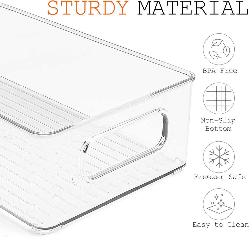 LotFancy Refrigerator Organizer Bins, 4 Pack,10x6x3 in, BPA Free Clear Plastic Storage Bins for Pantry Organization, Stackable Containers with Handles for Fridge, Kitchen Drawer, Freezer, Cabinet