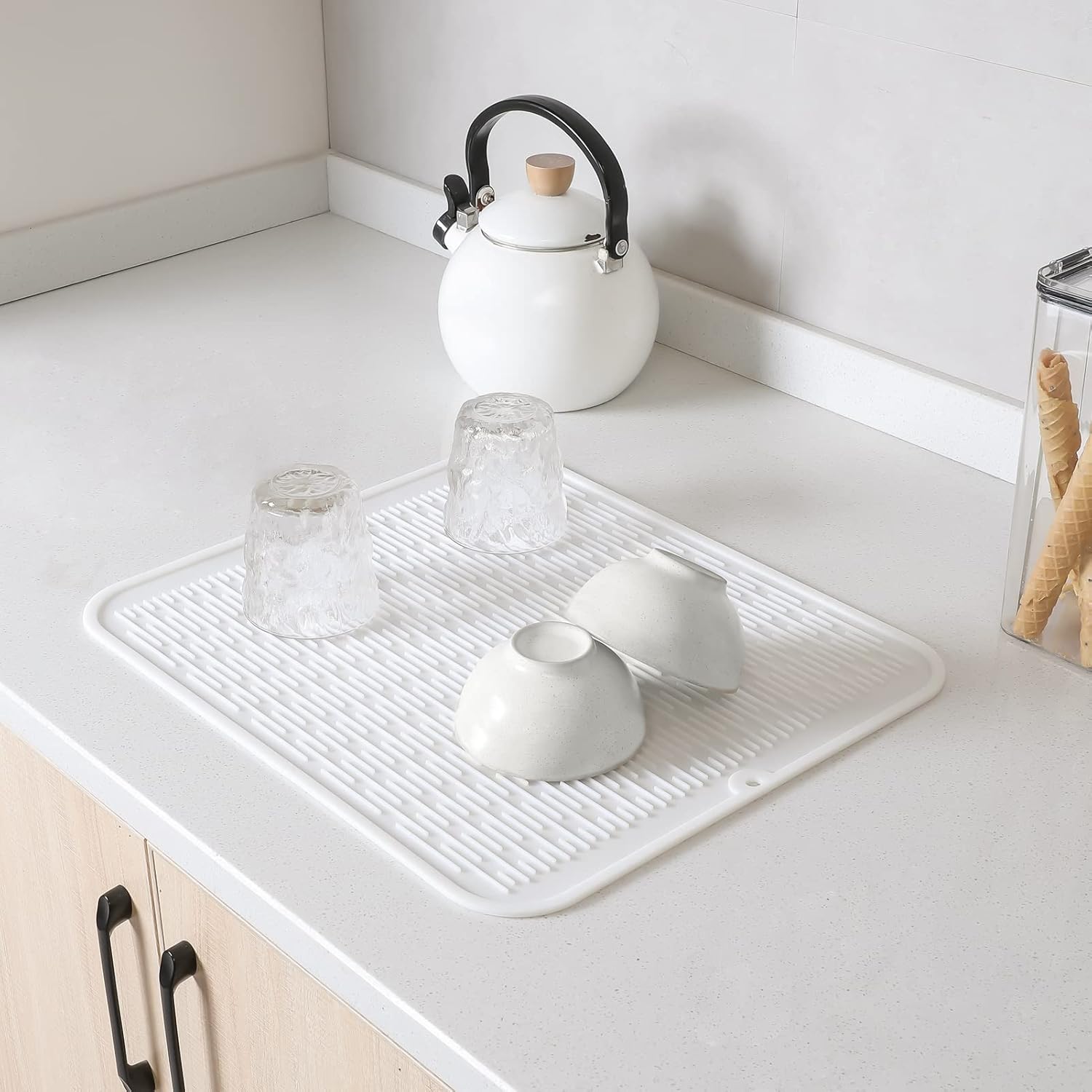Silicone Dish Drying Mat for Multiple Usage,Easy clean,Eco-friendly,Heat-resistant Silicone Mat for Kitchen Counter or Sink,Refrigerator or Drawer Liner White 2XL 24 inches x 18 inches