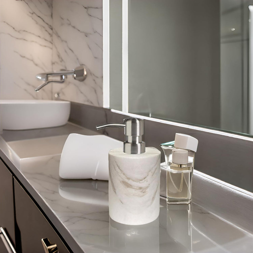 Marble Soap Dispenser, soap and Lotion Dispenser Bathroom, with Rust Proof Stainless Steel Pump Refillable for Kitchen Bathroom Countertop-Hand Lotion and Liquid Soap Dispenser-White