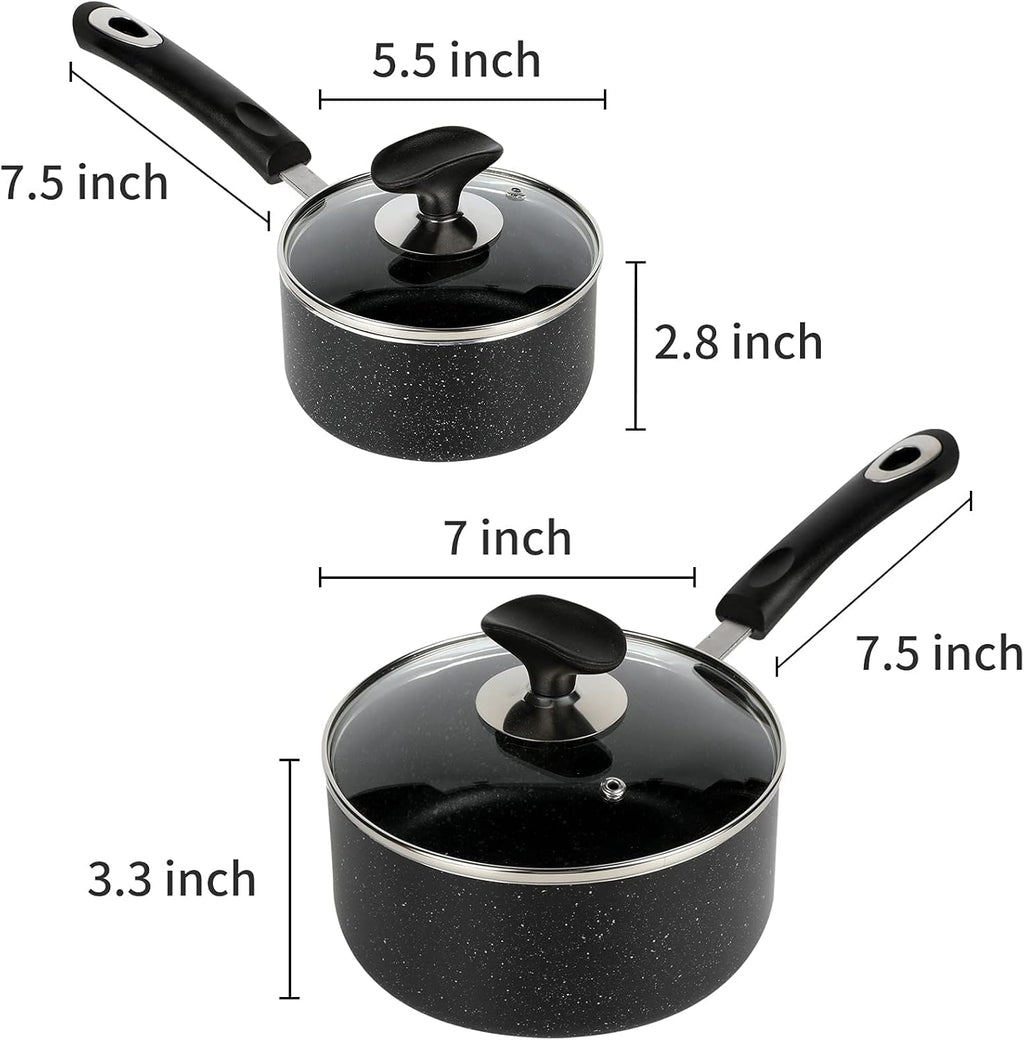 Nonstick Saucepan Set - 1 Quart and 2 Quart,Ultra Non Stick Sauce Pan Small Pot with Glass Lid,Great for Home Kitchen Restaurant,Black