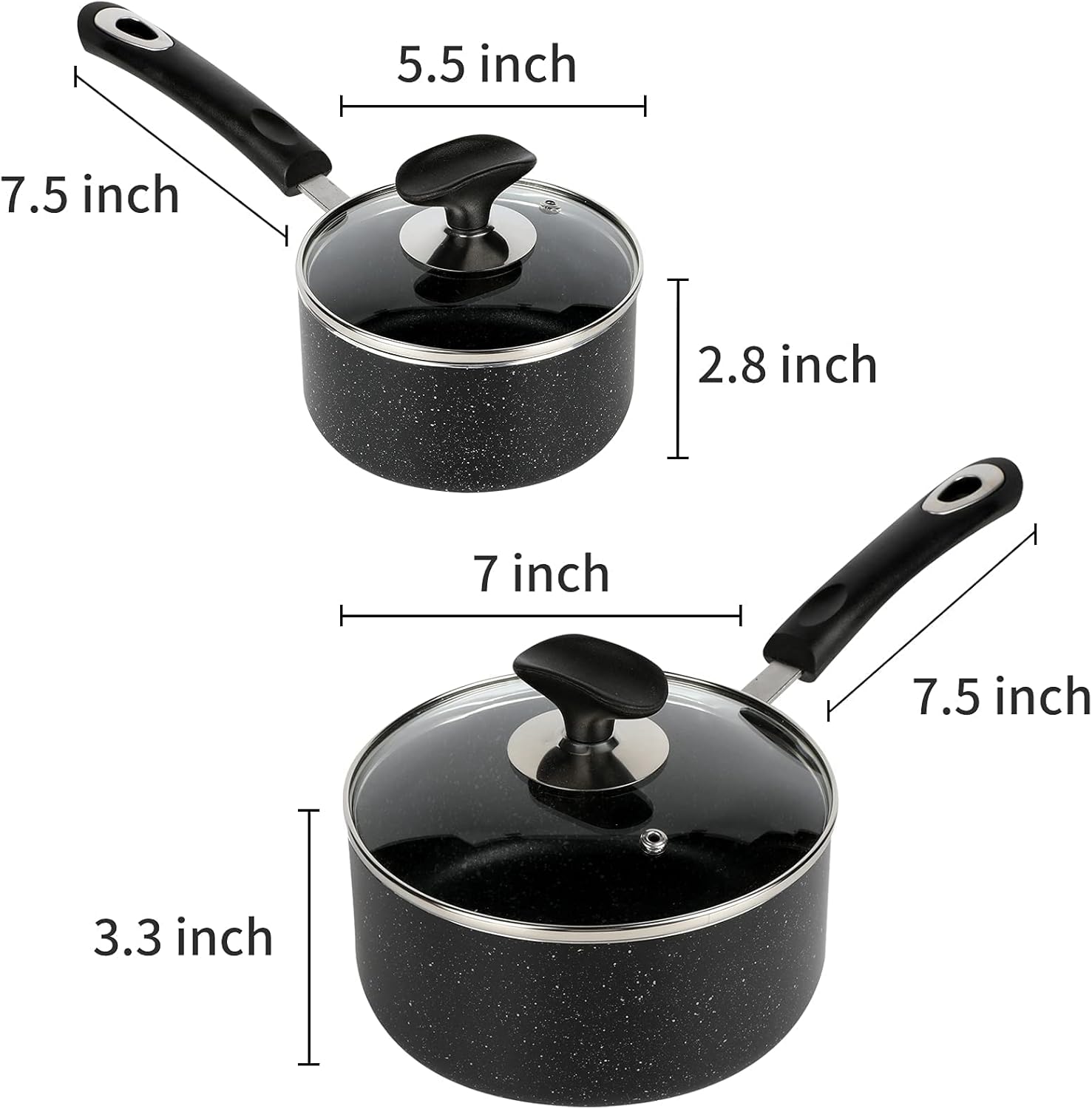 Nonstick Saucepan Set - 1 Quart and 2 Quart,Ultra Non Stick Sauce Pan Small Pot with Glass Lid,Great for Home Kitchen Restaurant,Black