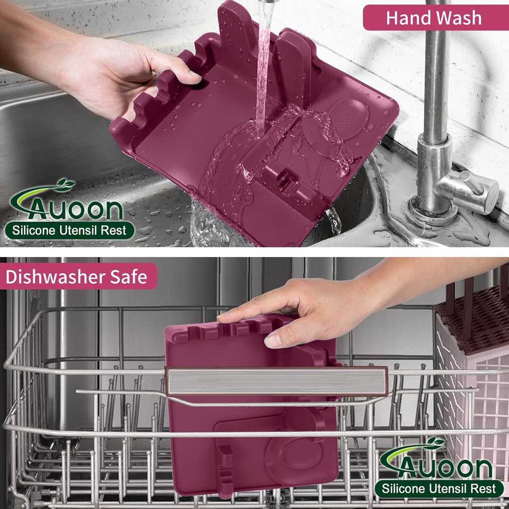 AUOON Spoon Holder for Stove - Silicone Spoon and Lid Rest with Drip Pad Kitchen Utensil Rest for Spoons, Ladles, Spatulas, Tongs & More (Cherry, Large)
