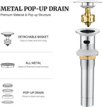 Pop up Sink Drain Stopper with Overflow Chrome for Bathroom Vessel Vanity Sink Art Basin, Big Cap Sink Drain with Overflow, Metal Pop-up Drain Strainer with Detachable Basket Stopper