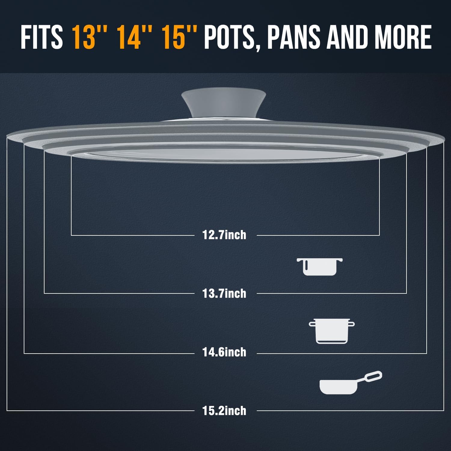 Walfos Universal Lid for 13", 14" and 15" Diameter Cookware - Tempered Glass Pan Lid with Heat Resistant Silicone Rim, BPA Free Pot Lids, Fits Pots, Pans and Skillets, Dishwasher-Safe, Gray