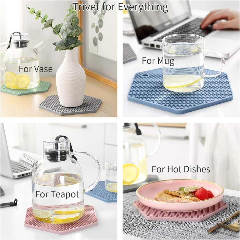 4 Packed Silicone Trivet Mats - DIY Different Size Dish Drying Mat, Hot Pot Holder for Pots & Pans, Non-Slip & Heat Resistant Kitchen Hot Pads for Countertops & Table,Grey