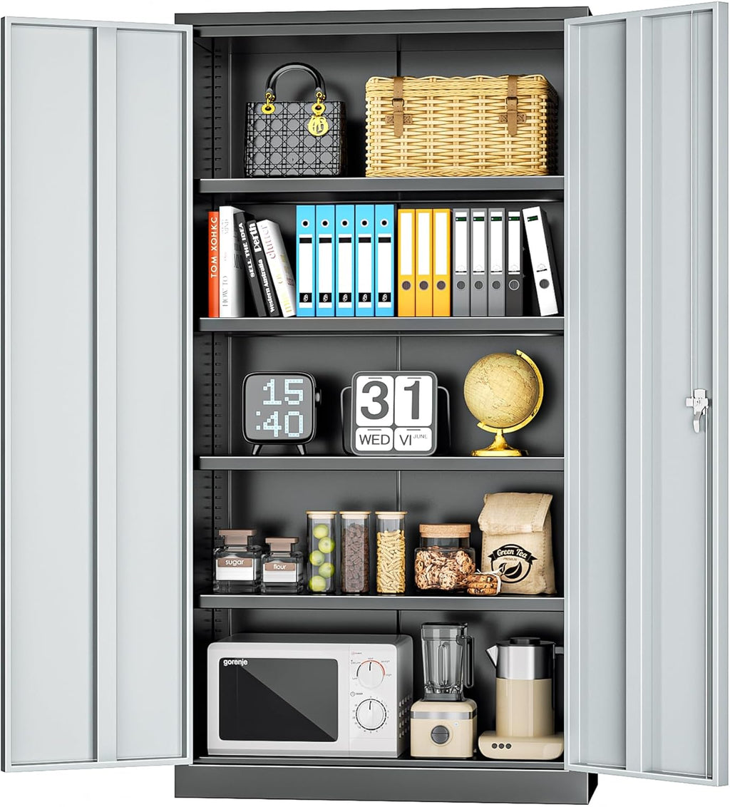 INTERGREAT Metal Storage Cabinets 72” Black Grey Garage Steel Storage Cabinet with Doors and Shelves, Steel File Cabinet for Home Office, Basement, Warehouse, Classroom（Anti Tipping）