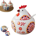 13.5 Oz Salt Cellar With Lid and Spoon (Red)- Ceramic Chicken Spice Jars for Salt, Sugar, Pepper - Spice Containers for Countertop