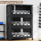 640QT Stackable Storage Bins with Lids, 160Gal Extra Large Collapsible Storage Box with Wheel, Plastic Storages with Clear Door Open Front for Home Bedroom Garage, Black-4pack