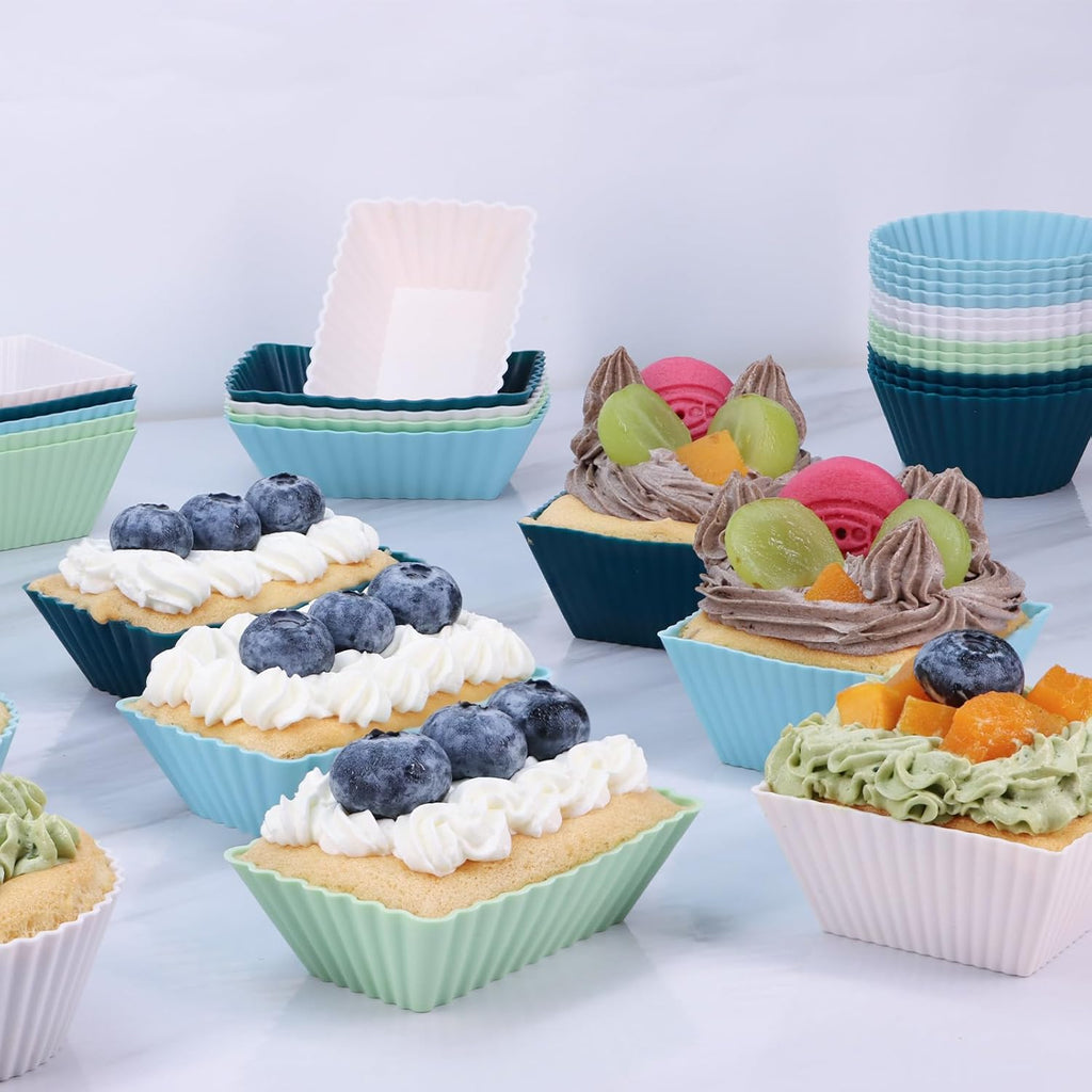 24Pack Silicone Muffin Cups, Reusable Cupcake Liners Molds for Baking, 3 Shapes Lunch Box Bento Dividers-Round, Square, and Rectangular (Neutral Colors, Regular Size)