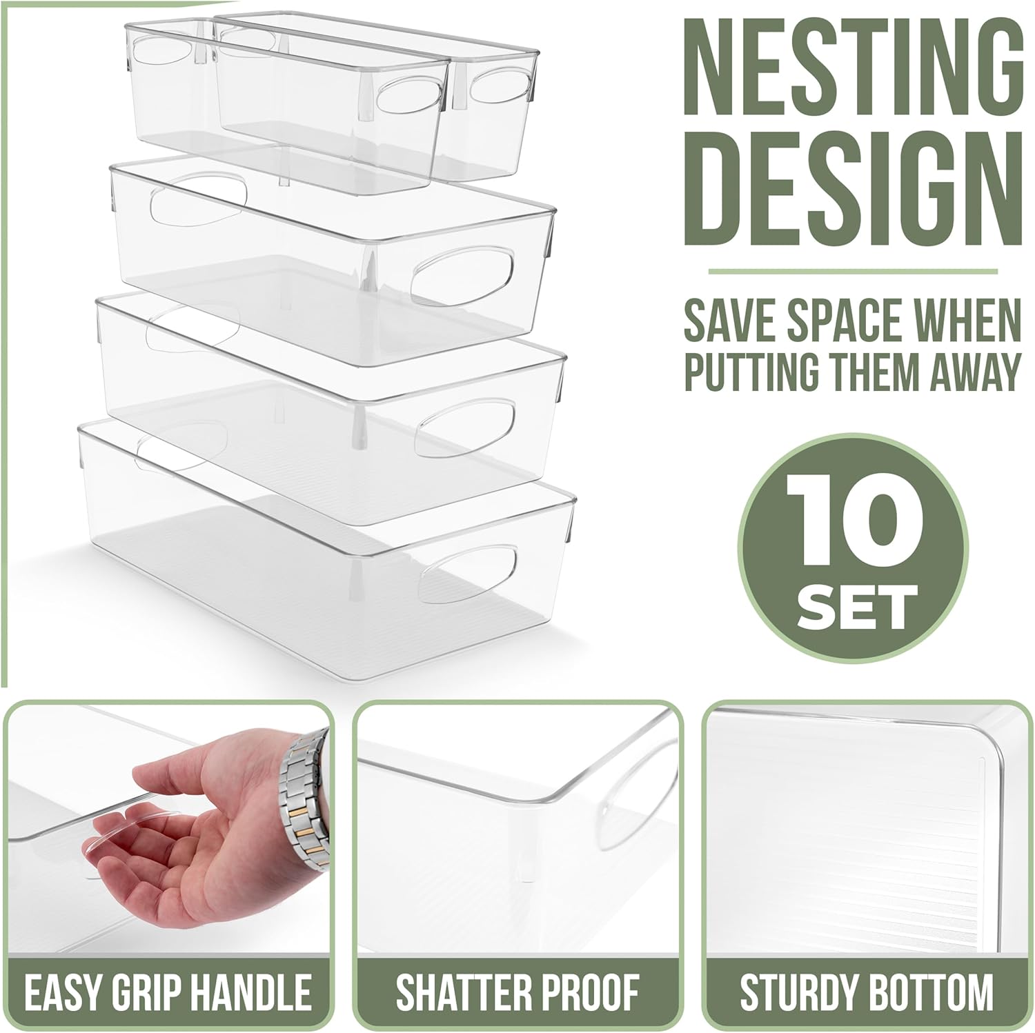 Sorbus Clear Plastic Organizing Bins 10-Pack, Clear Bins, Refrigerator & Pantry Organizer