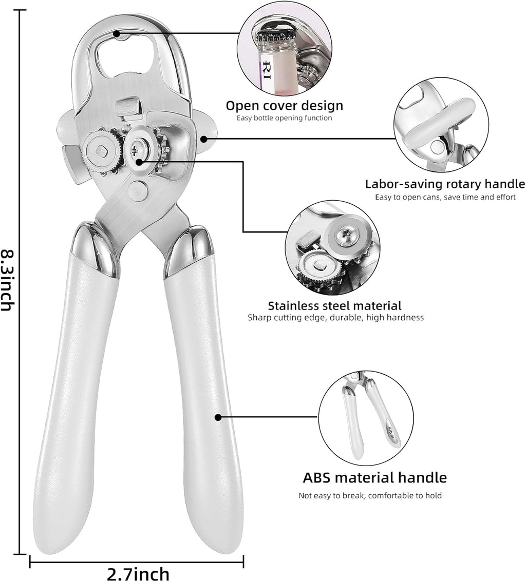 Multi-function Manual Can Opener Bottle Opener, Oversized Hand-held Easy Rotary Knob, Safe Cut Can Opener with Non-Slip Handle, Smoother Cut Sharp Blade for Seniors Kitchen Tool, White
