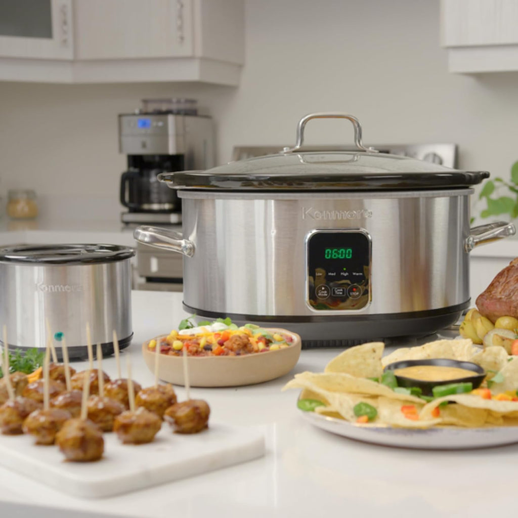 Kenmore 7 Quart Slow Cooker - Programmable crock pot with Dipper, Stainless Steel Electric Cookers, Warm Rice & Sous Vide Stew Soup For Lunch, Dishwaher Safe Non-Stick Ceramic Insert, Digital Control