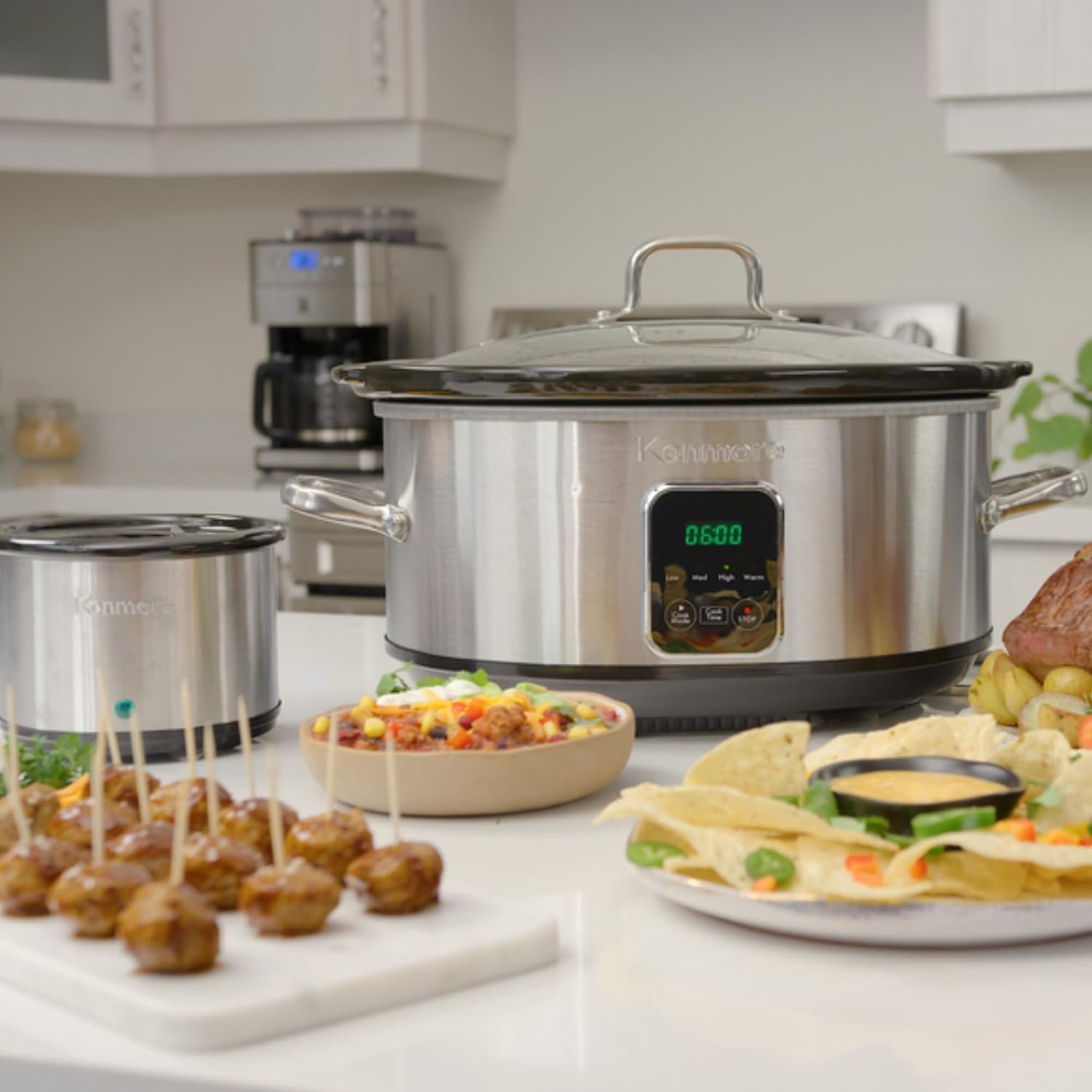 Kenmore 7 Quart Slow Cooker - Programmable crock pot with Dipper, Stainless Steel Electric Cookers, Warm Rice & Sous Vide Stew Soup For Lunch, Dishwaher Safe Non-Stick Ceramic Insert, Digital Control
