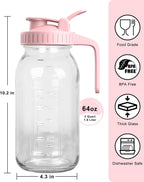64oz Glass Mason Jar Pitcher with Lid and Spout, 2 Quart Airtight Glass Water Jug, Leakproof Wide Mouth Mason Jar Pitcher for Iced Sun Tea, Milk Storage, Cold Brew Coffee, Juice, Pink