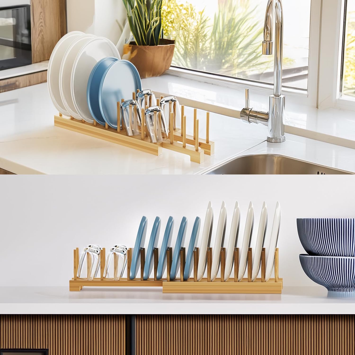 Bamboo Dish Rack - Expandable Plate Rack & Dish Drying Rack for Kitchen Cabinet Storage, Adjustable Multi-Functional Design Organizer for Plates, Bowls, Cups, Pots, Cutting Boards (Natural Bamboo)