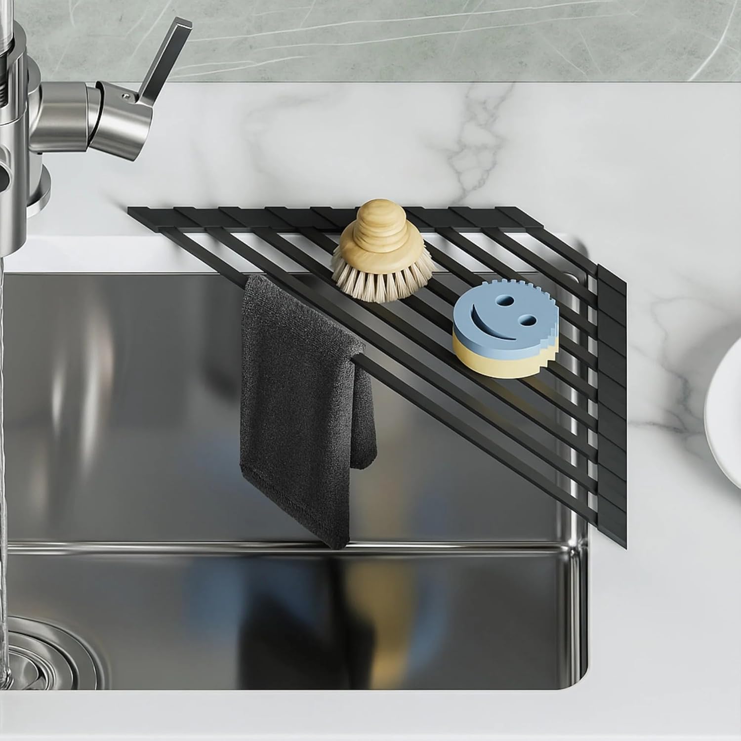 Dowell Over The Sink Roll-Up Triangle Dish Drying Rack Silicone Wrap, 9 Rods Dishwasher Safe, Food Safe, Heat Resistant, Foldable, Space-Saving, Multi-Purpose Sink Organizer for Any Surface