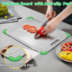 100% Pure Titanium Cutting Board with Grooves, Update Double Side Titanium Chopping Board, Silicone Anti-slip Stainless Cutting Boards for Kitchen 9 * 13 IN, Green