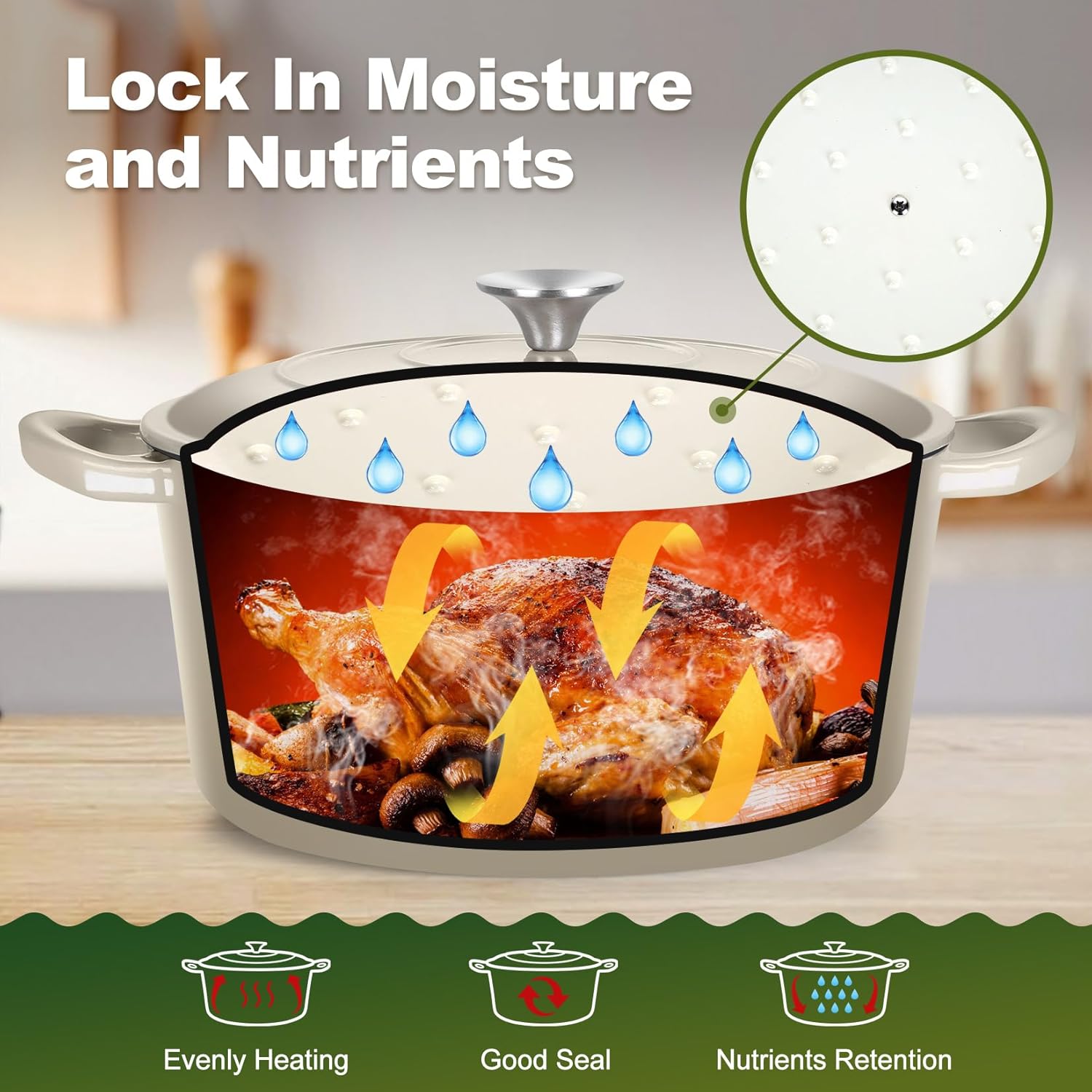 P&P CHEF 6QT Enameled Dutch Oven, Cast Iron Dutch Oven Pot with Lid for Bread Baking, Enameled Casserole Pot for Roasting Braising Stewing Frying Simmering, Various Stoves & Easy Clean, Khaki