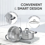 Sunhouse - 4.6 Quarts Steamer Pots With Lid 2-Tier Multipurpose Stainless Steel Steaming Pot Cookware For Vegetable, Dumpling, Sauce, Food - Triple Bottom, Measurement Line