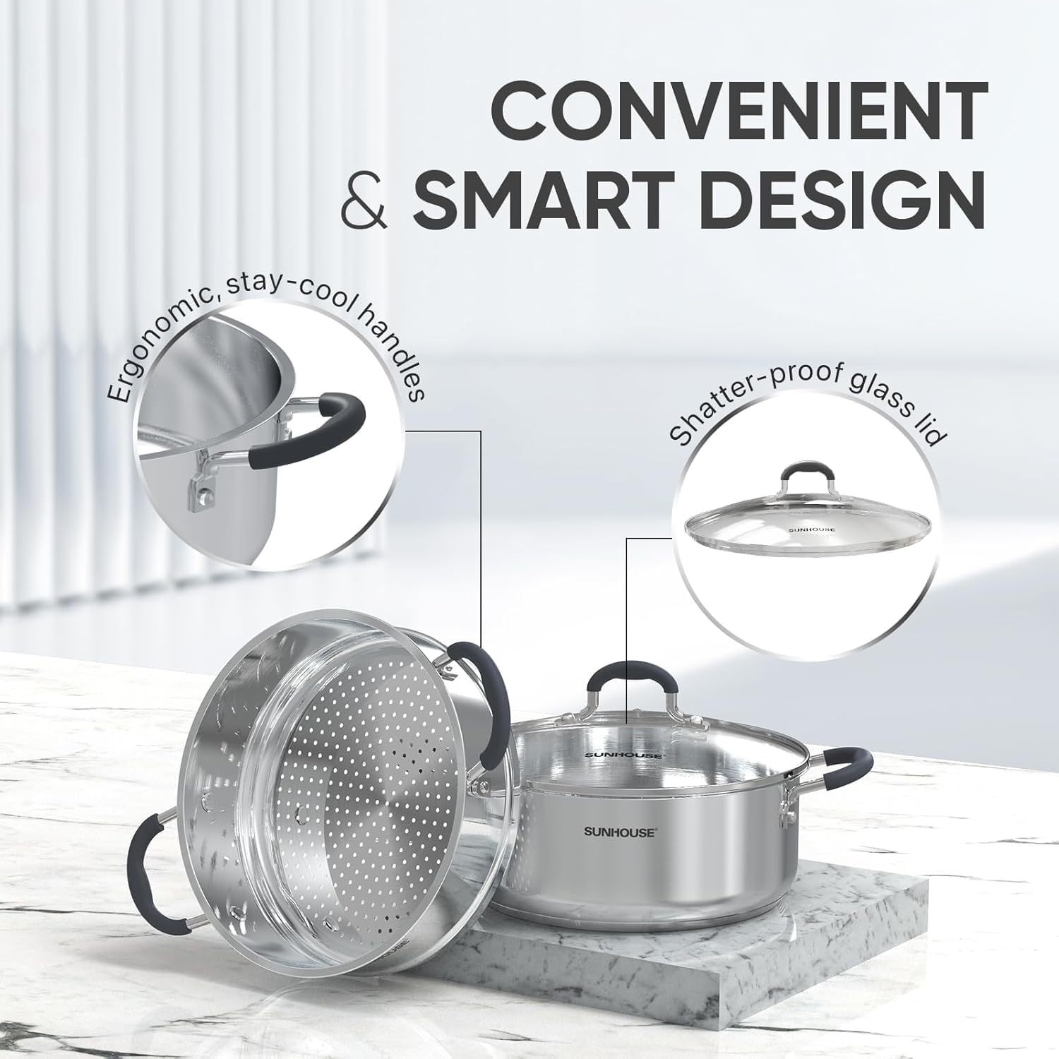 Sunhouse - 4.6 Quarts Steamer Pots With Lid 2-Tier Multipurpose Stainless Steel Steaming Pot Cookware For Vegetable, Dumpling, Sauce, Food - Triple Bottom, Measurement Line