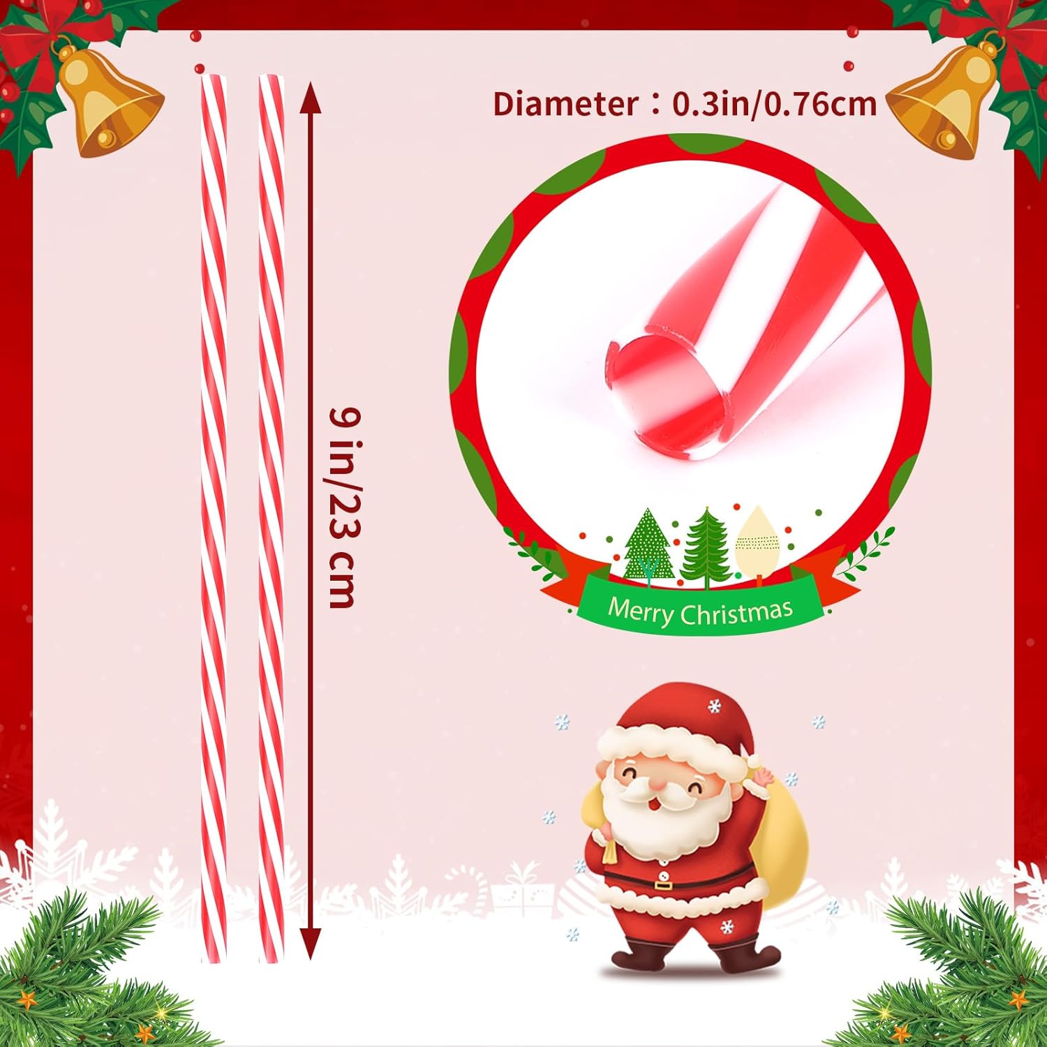 JANYUN 30 Pcs Christmas Straws Plastic, Reusable Red and White Striped Straws 9 Inch Xmas Hard Plastic Drinking Straws with Cleaning Brush for Holiday Christmas Party Favors Supplies Table Decoration
