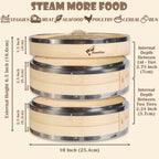 Bamboo Steamer Basket, Stainless Steel Reinforced Rim, 10-Inch 2-Tier Steamer for Cooking, 50 Liners Chopsticks Sauce Dish Dumpling Makers, Steaming Asian Food Bao Buns Dim Sum Rice Veggies Steam Pot