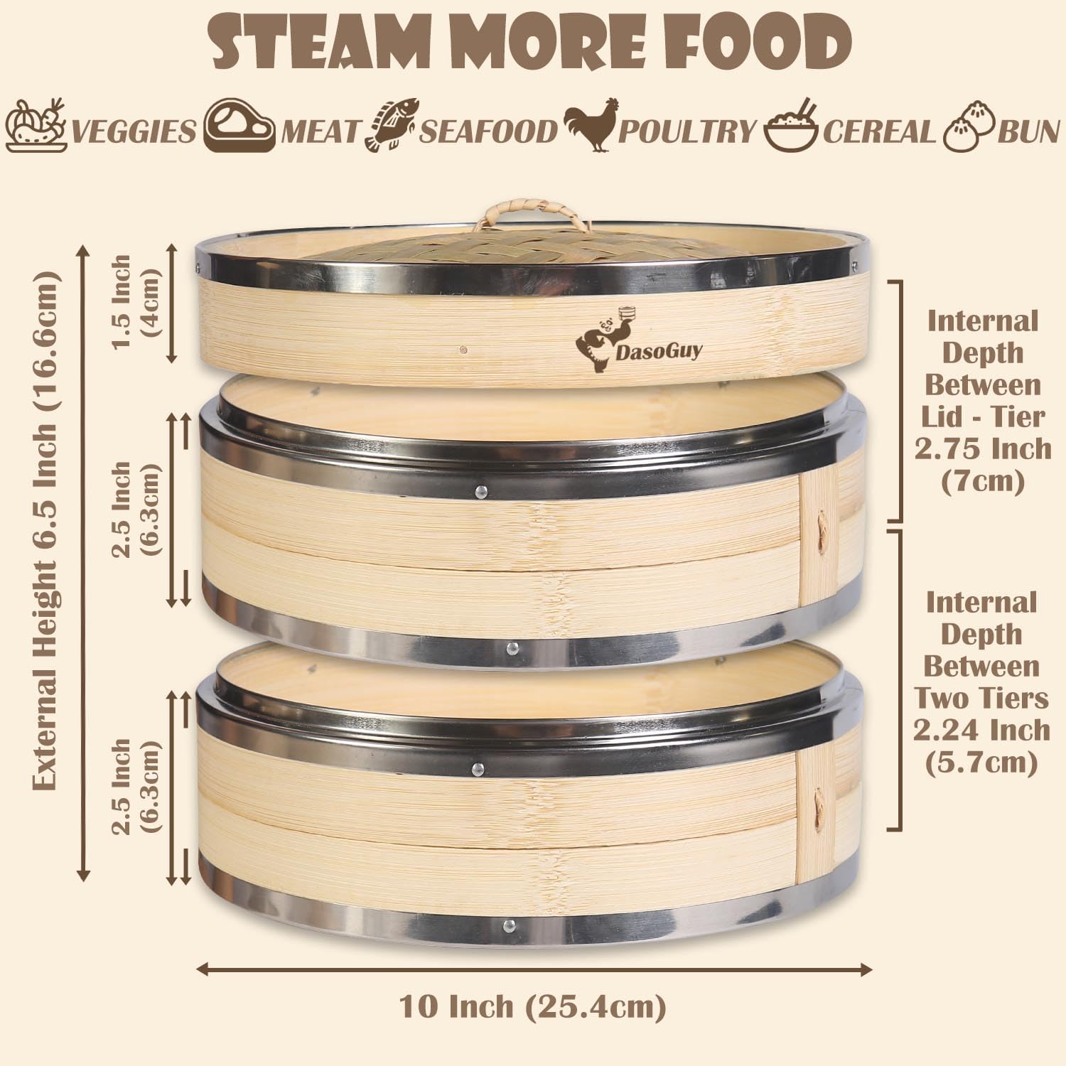 Bamboo Steamer Basket, Stainless Steel Reinforced Rim, 10-Inch 2-Tier Steamer for Cooking, 50 Liners Chopsticks Sauce Dish Dumpling Makers, Steaming Asian Food Bao Buns Dim Sum Rice Veggies Steam Pot