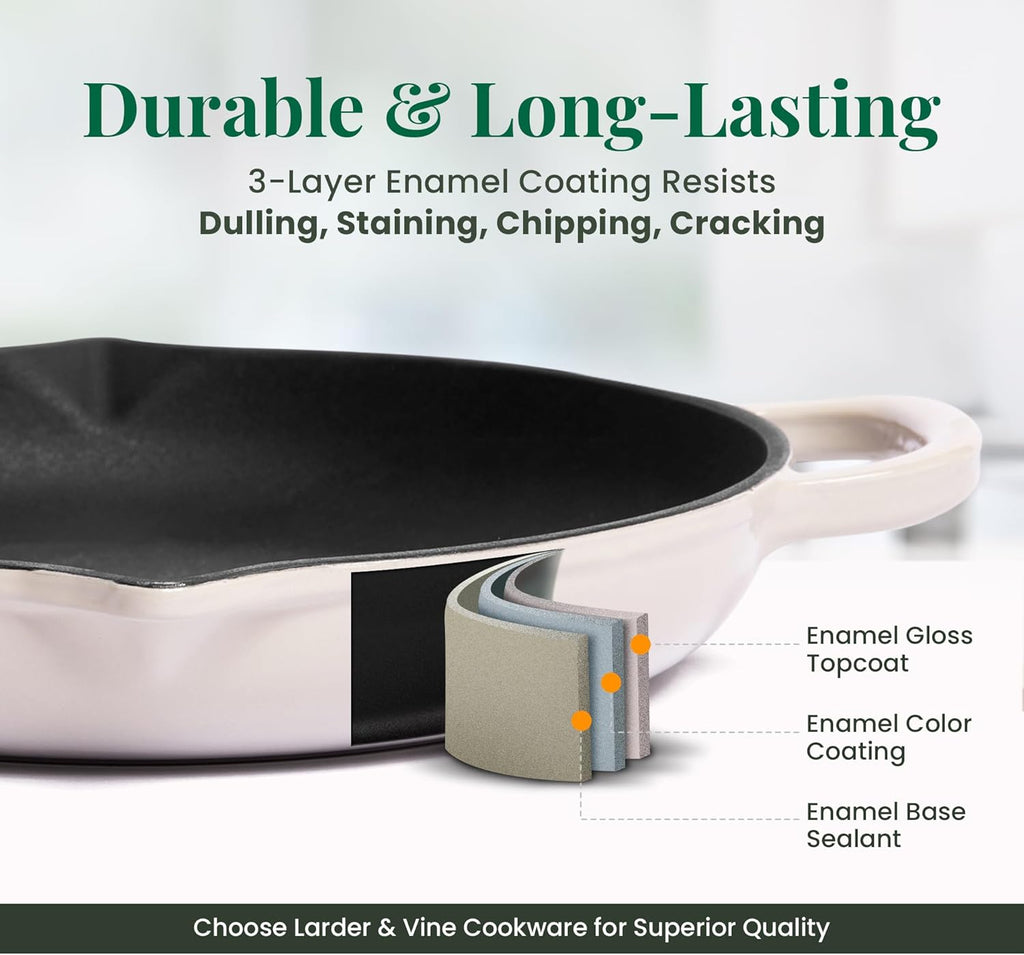 Larder & Vine Enameled Cast Iron Skillet | 10.25 inch Cast Iron Pan | Saute Pan with Pour Spouts | Enamel Coated Cast Iron Skillet | Compatible on All Cooktops & Oven Safe to 500° F | Stone