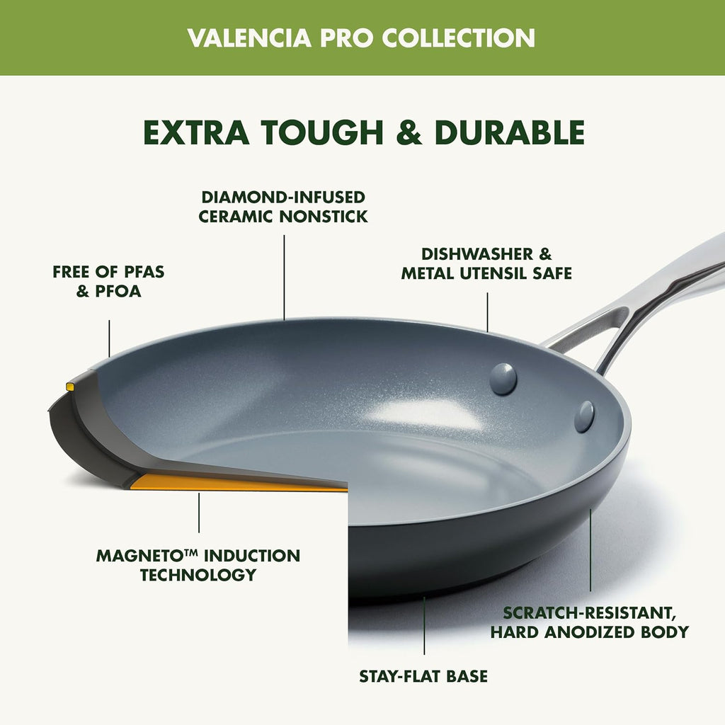 GreenPan 16 Piece Valencia Pro Ceramic Nonstick Cookware Set, PFAS-Free, Induction Ready, Hard Anodized Pots & Pans with Lids, Compatible on All Cooktops, Dishwasher & Oven Safe, Gray