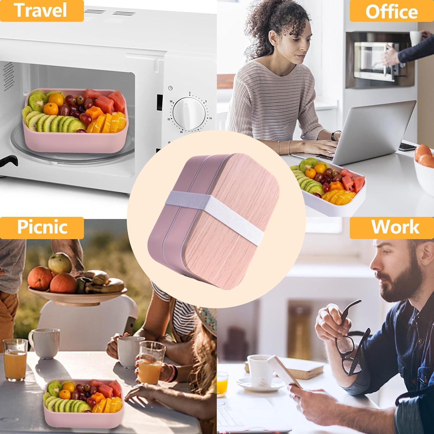 Bento Box with Lunch Bag Microwavable All-in-One Meal Prep Compartment Lunch Containers with Utensils Leak Resistant Lunch Box with Sauce Container 60oz Pink