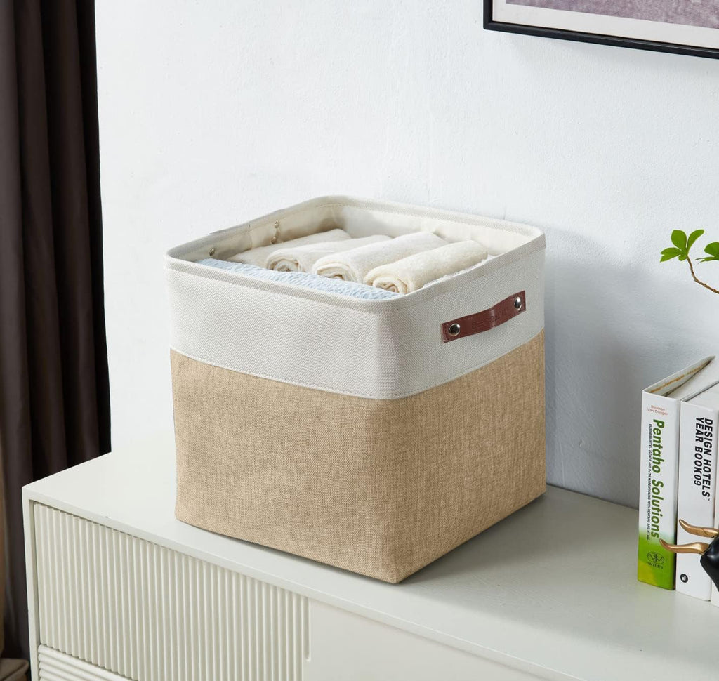 DECOMOMO Storage Cubes, 12x12 Storage Bins, Baskets for Shelves (Beige & White, Cube 12" - 4 Pack)