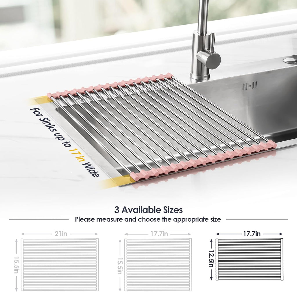 Tomorotec 17.7" x 12.5" Roll Up Dish Drying Rack Over Sink Drying Rack Sink Cover Kitchen Sink Accessories Gadget Multipurpose Organizer Foldable Stainless Steel Drainer