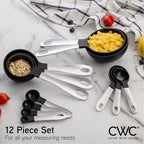 COOK WITH COLOR Measuring Cups Set and Measuring Spoon Set, Stainless Steel Handles, Nesting Kitchen Measuring Set, Liquid Measuring Cup Set, 12 PC Stainless Steel, Black