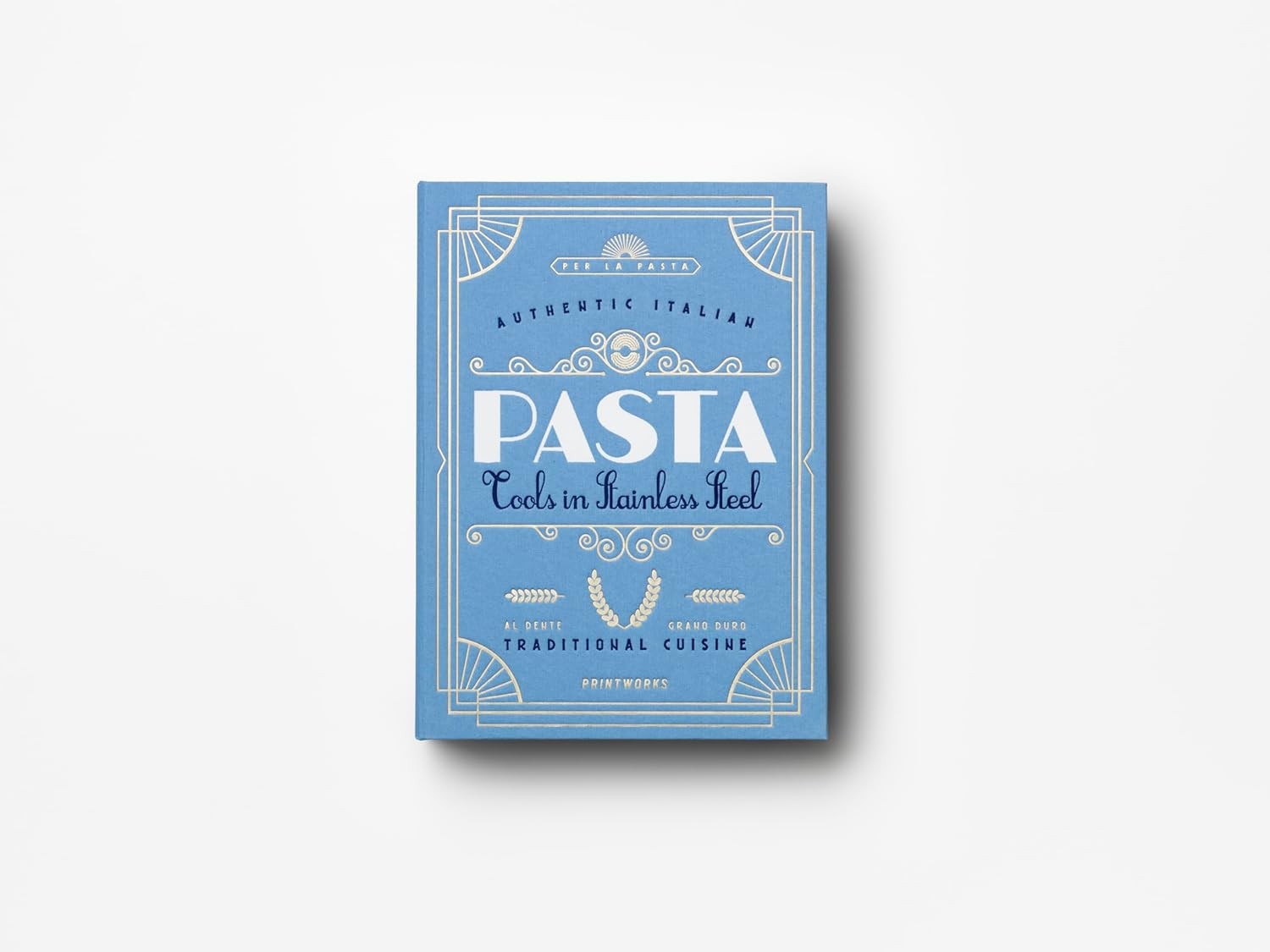 Printworks The Essentials, Pasta Tools – Pasta Kit with Spaghetti Tong, Spaghetti Measurer & Grater in Bright Blue Book-Style Case
